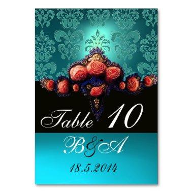 RED CORAL ROSES,AQUA BLUE BLACK DAMASK MONOGRAM TABLE NUMBER