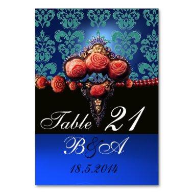 RED CORAL ROSES,AQUA BLUE BLACK DAMASK MONOGRAM TABLE NUMBER