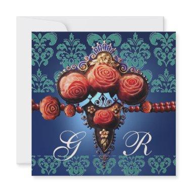 RED CORAL ROSES,AQUA BLUE GOLD DAMASK MONOGRAM Invitations