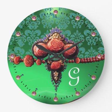 RED CORAL ROSES, AQUA BLUE GREEN DAMASK MONOGRAM LARGE CLOCK