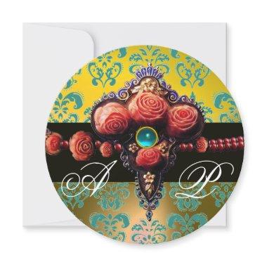 RED CORAL ROSES,AQUA BLUE YELLOW DAMASK MONOGRAM Invitations