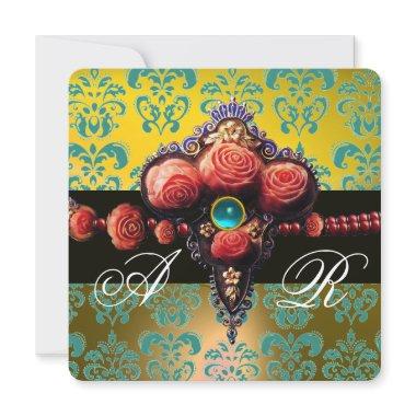 RED CORAL ROSES,AQUA BLUE YELLOW DAMASK MONOGRAM Invitations