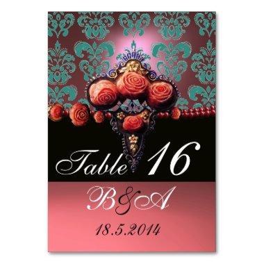 RED CORAL ROSES,BLACK BLUE PINK DAMASK MONOGRAM TABLE NUMBER