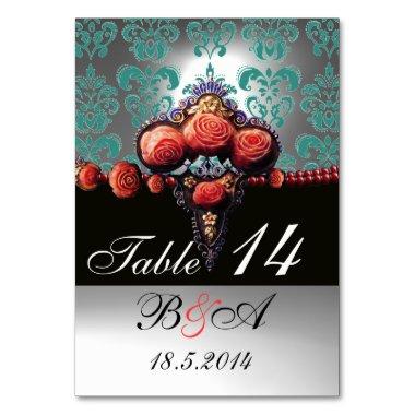 RED CORAL ROSES,BLACK BLUE WHITE DAMASK MONOGRAM TABLE NUMBER