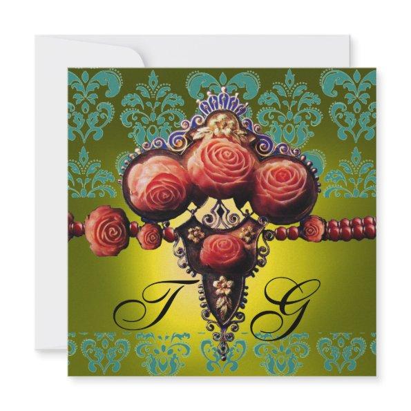 RED CORAL ROSES,BLACK GREEN YELLOW DAMASK MONOGRAM