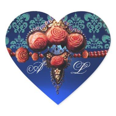 RED CORAL ROSES, BLUE BLACK DAMASK HEART MONOGRAM HEART STICKER