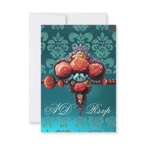 RED CORAL ROSES,BLUE BLACK DAMASK MONOGRAM RSVP