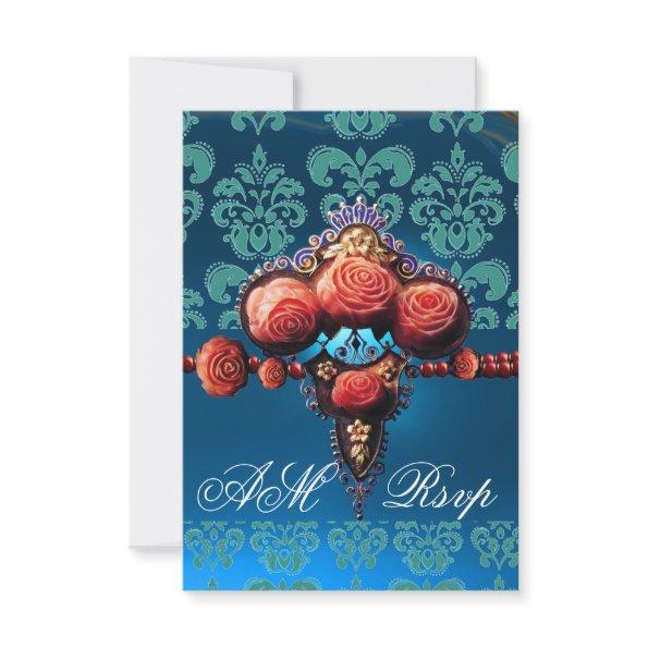 RED CORAL ROSES,BLUE BLACK DAMASK MONOGRAM RSVP