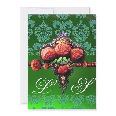 RED CORAL ROSES, BLUE BLACK GREEN DAMASK MONOGRAM Invitations