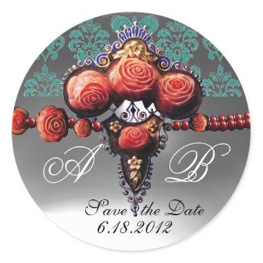 RED CORAL ROSES, BLUE BLACK WHITE DAMASK MONOGRAM CLASSIC ROUND STICKER
