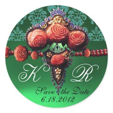 RED CORAL ROSES,BLUE EMERALD GREEN DAMASK MONOGRAM CLASSIC ROUND STICKER