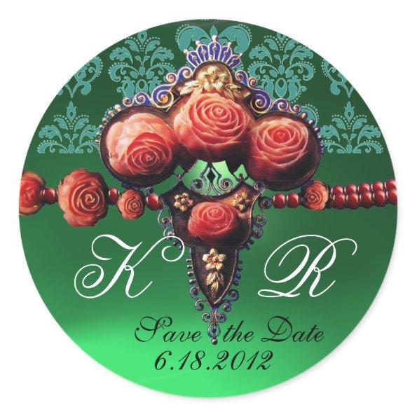 RED CORAL ROSES,BLUE EMERALD GREEN DAMASK MONOGRAM CLASSIC ROUND STICKER