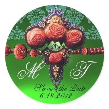 RED CORAL ROSES,BLUE EMERALD GREEN DAMASK MONOGRAM CLASSIC ROUND STICKER