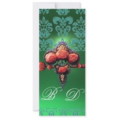 RED CORAL ROSES,BLUE GREEN BLACK DAMASK MONOGRAM Invitations