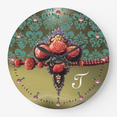 RED CORAL ROSES, BLUE GREY DAMASK MONOGRAM LARGE CLOCK