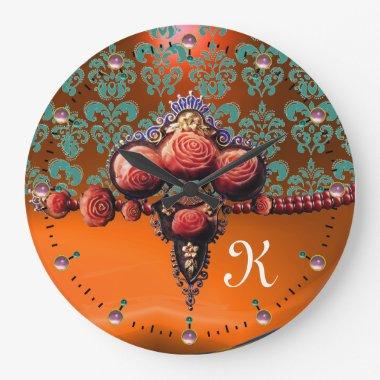 RED CORAL ROSES, BLUE ORANGE DAMASK MONOGRAM LARGE CLOCK