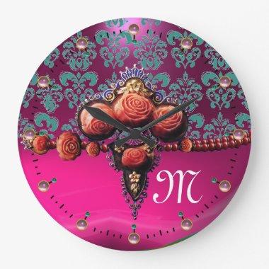 RED CORAL ROSES, BLUE PINK FUCHSIA DAMASK MONOGRAM LARGE CLOCK