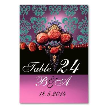 RED CORAL ROSES, BLUE PINK LILAC DAMASK MONOGRAM TABLE NUMBER