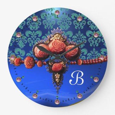 RED CORAL ROSES,BLUE SAPPHIRE DAMASK MONOGRAM LARGE CLOCK