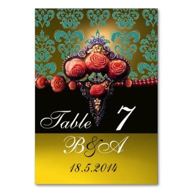 RED CORAL ROSES,BLUE YELLOW BLACK DAMASK MONOGRAM TABLE NUMBER