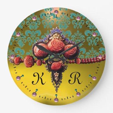 RED CORAL ROSES,BLUE YELLOW TOPAZ DAMASK MONOGRAM LARGE CLOCK