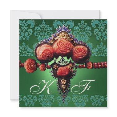 RED CORAL ROSES,GREEN BLUE BLACK DAMASK MONOGRAM Invitations