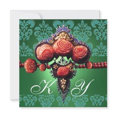 RED CORAL ROSES,GREEN BLUE BLACK DAMASK MONOGRAM