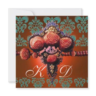 RED CORAL ROSES,ORANGE BLUE BLACK DAMASK MONOGRAM Invitations