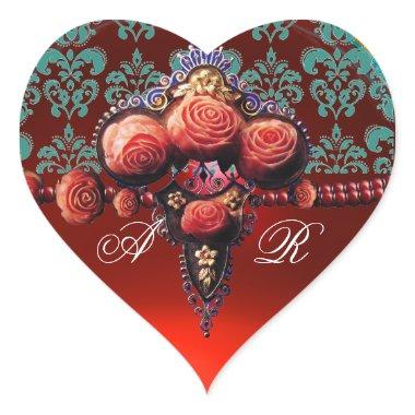RED CORAL ROSES, RUBY DAMASK HEART MONOGRAM HEART STICKER