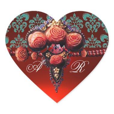 RED CORAL ROSES, RUBY DAMASK HEART MONOGRAM HEART STICKER