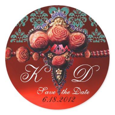 RED CORAL ROSES,RUBY DAMASK MONOGRAM CLASSIC ROUND STICKER