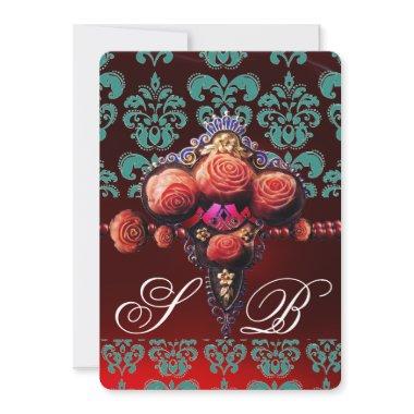 RED CORAL ROSES, TEAL BLUE BLACK DAMASK MONOGRAM Invitations