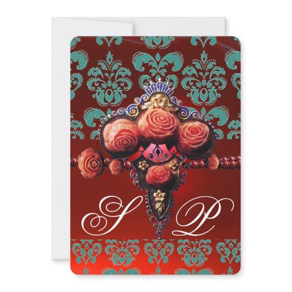 RED CORAL ROSES, TEAL BLUE BLACK DAMASK MONOGRAM Invitations