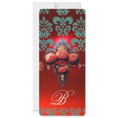 RED CORAL ROSES, TEAL BLUE BLACK DAMASK MONOGRAM Invitations