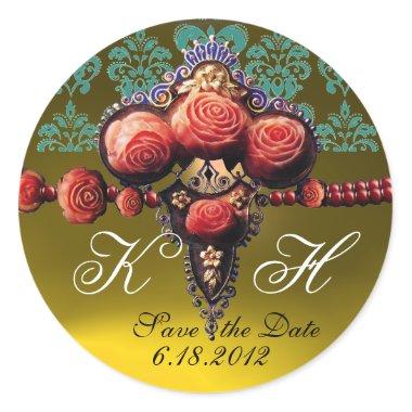 RED CORAL ROSES,YELLOW TOPAZ DAMASK MONOGRAM CLASSIC ROUND STICKER