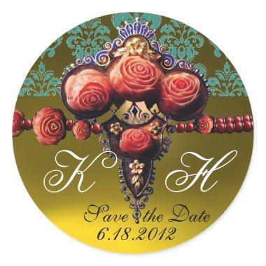 RED CORAL ROSES,YELLOW TOPAZ DAMASK MONOGRAM CLASSIC ROUND STICKER