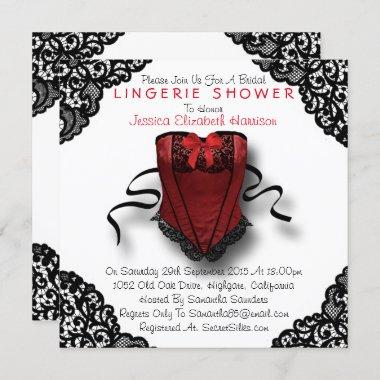Red Corset & Black Lace Lingerie Shower Invitations