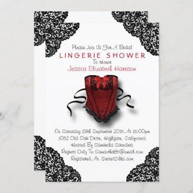 Red Corset & Black Lace Lingerie Shower Invitations