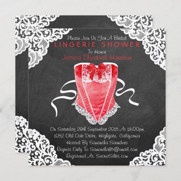 Red Corset White Lace Chalkboard Lingerie Shower Invitations
