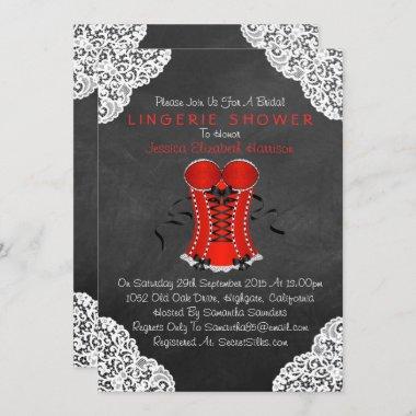 Red Corset White Lace Chalkboard Lingerie Shower Invitations