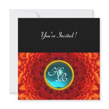 RED DAHLIA, AQUAMARINE ,bright blue black yellow Invitations