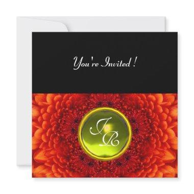 RED DAHLIA, TOPAZ monogram ,bright black yellow Invitations