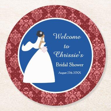 Red Damask Bride  Round Paper Coaster
