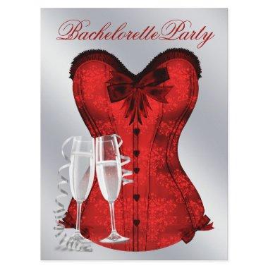 Red Damask Corset Champagne Red Bachelorette Party Invitations