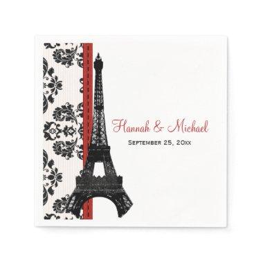RED Damask Eiffel Tower Wedding Paper Napkins