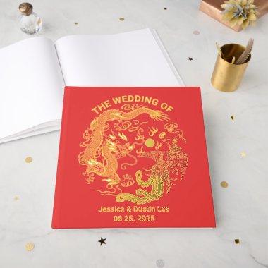 Red Dragon Phoenix Asian Chinese Wedding Gold Foil Foil Guest Book