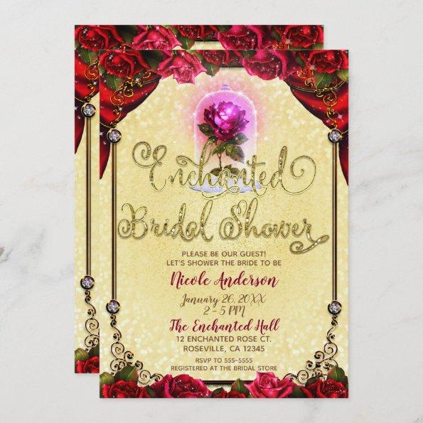 Red Enchanted Rose Beauty Bridal Shower Invitations