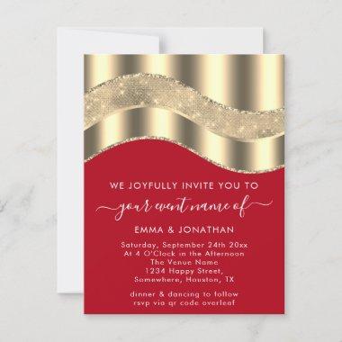 Red Faux Gold Border Wave QR Code Wedding