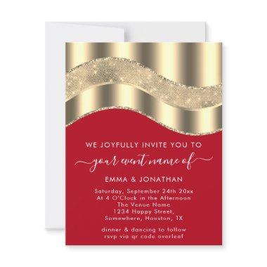 Red Faux Gold Border Wave QR Code Wedding