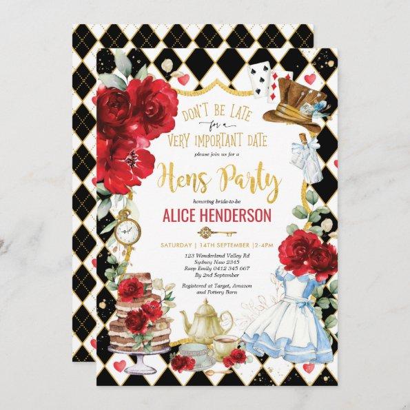 Red Floral Alice in Wonderland Hens Tea Party Invitations